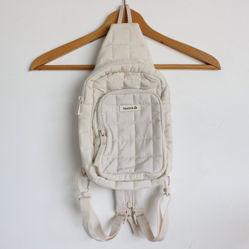 Reebok Womens Comet Crossbody Sling Bag Stucco Cream White Quilted Pockets NEW